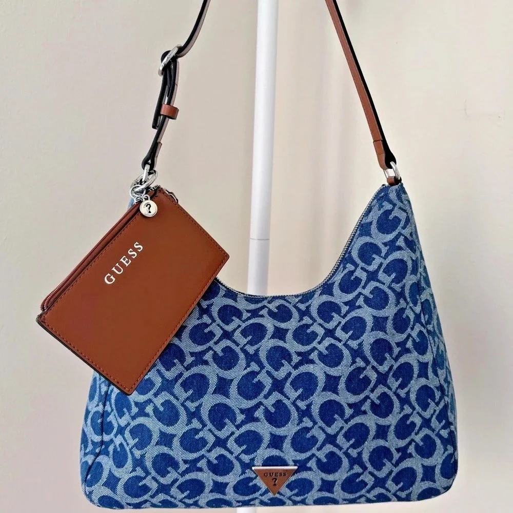Guess Hobo Shoulder Bag Denim Blue Print Satchel Wells W/ Small Zip Card Pouch